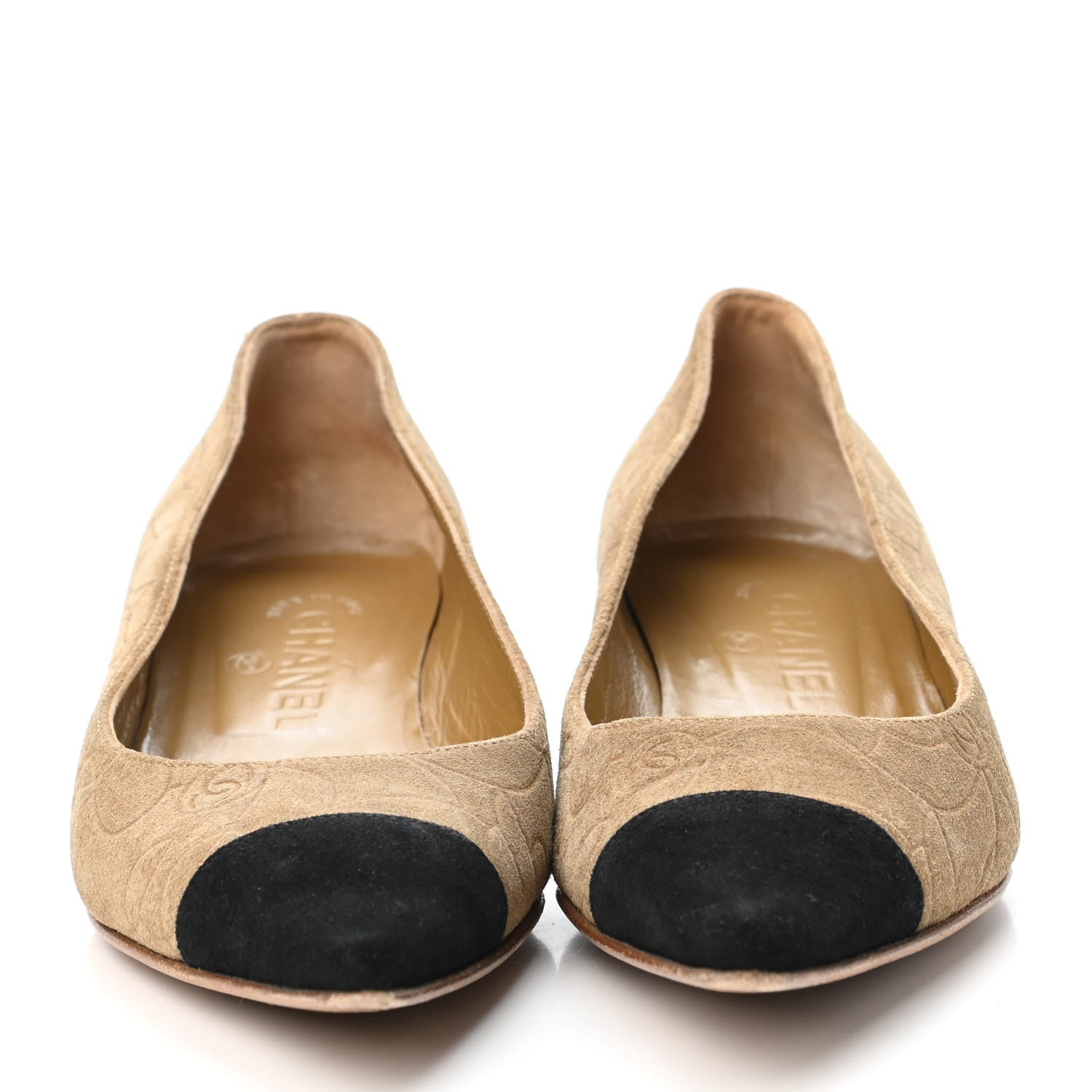 Chanel Suede Camellia Embossed Cap Toe Low Heel Pumps 38 Beige Black 2 of 4