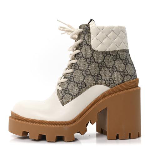 Calfskin GG Supreme Monogram Nappa Quilted Lace Up Ankle Boots 35 Mystic White Beige