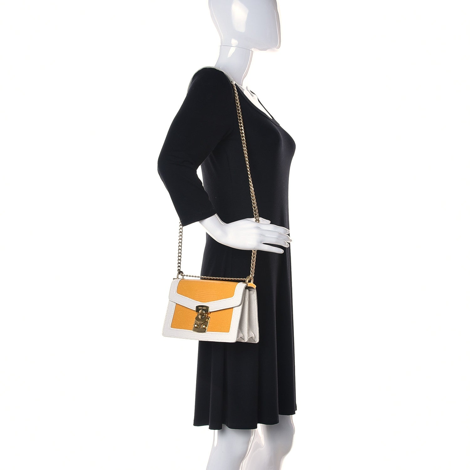 Miu Miu Calfskin Lizard Embossed Flap Bag Yellow White 2 of 11