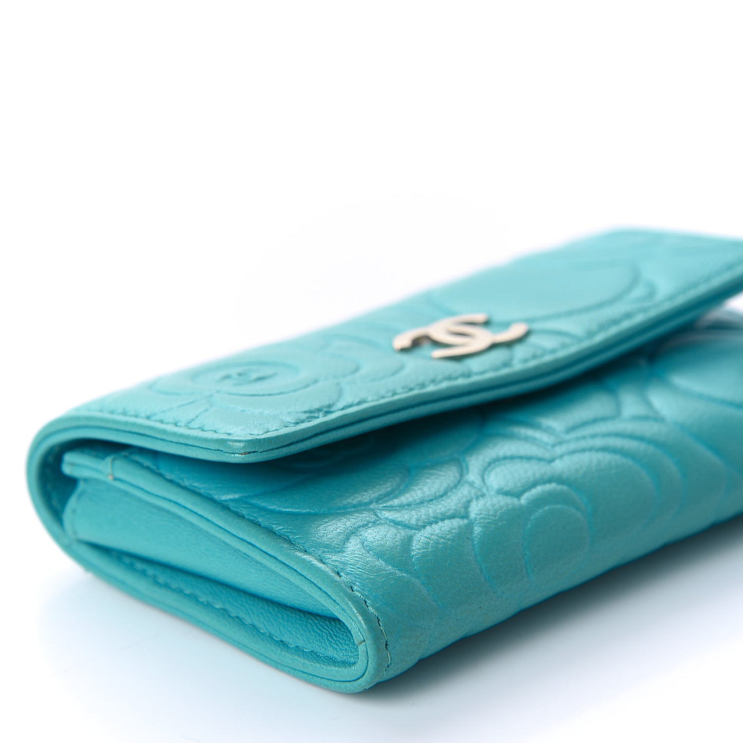 Goatskin Camellia Embossed Card Holder Turquoise