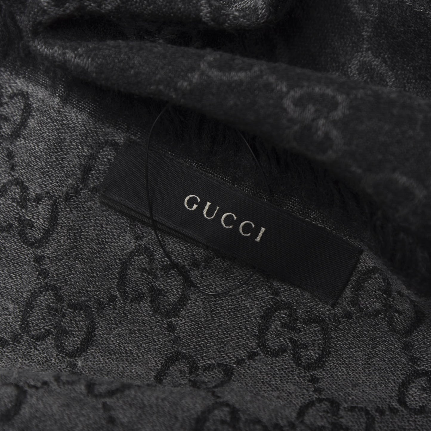 Wool Silk Monogram GGWeb Fringe Shawl Black Medium Grey