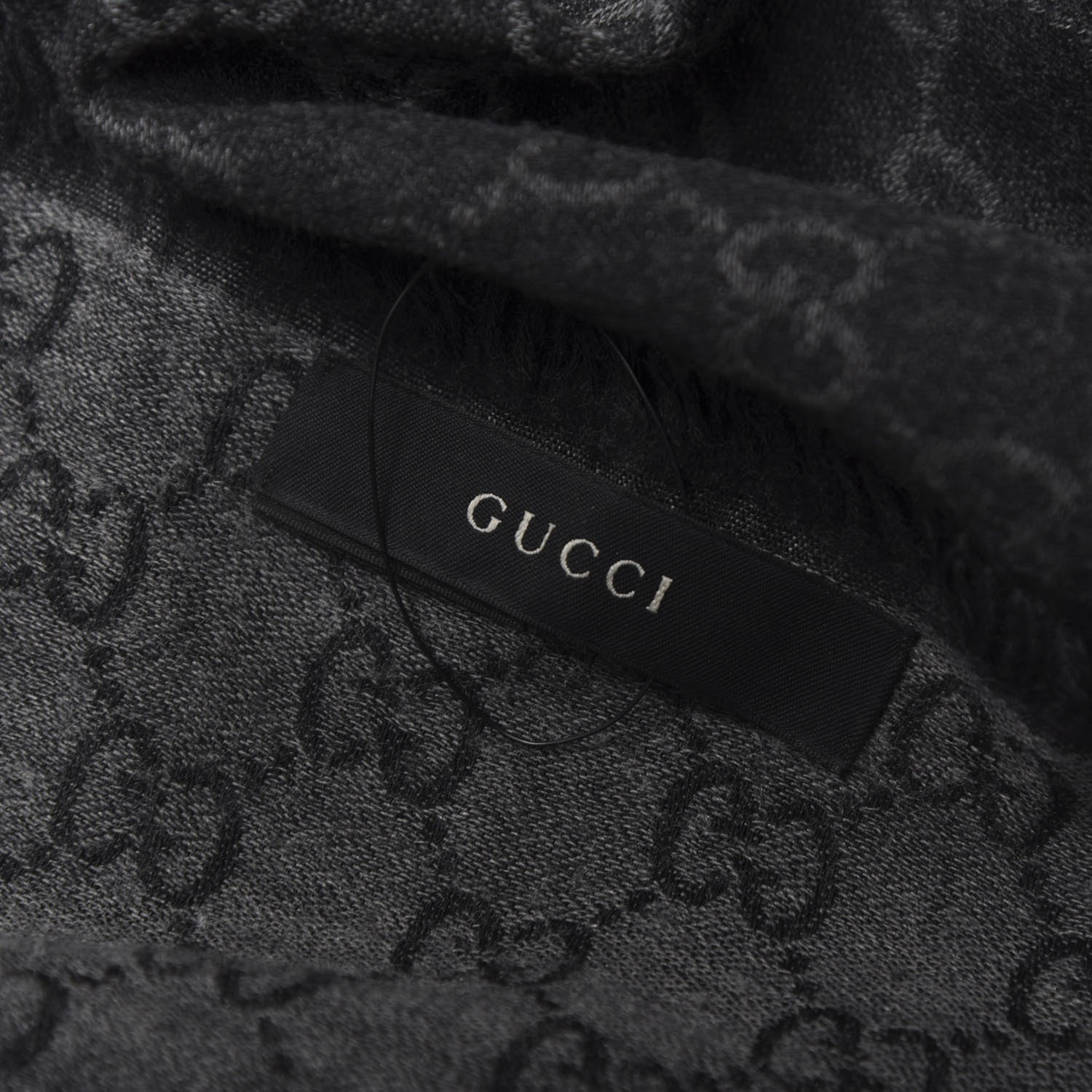 Gucci Wool Silk Monogram GGWeb Fringe Shawl Black Medium Grey 3 of 5