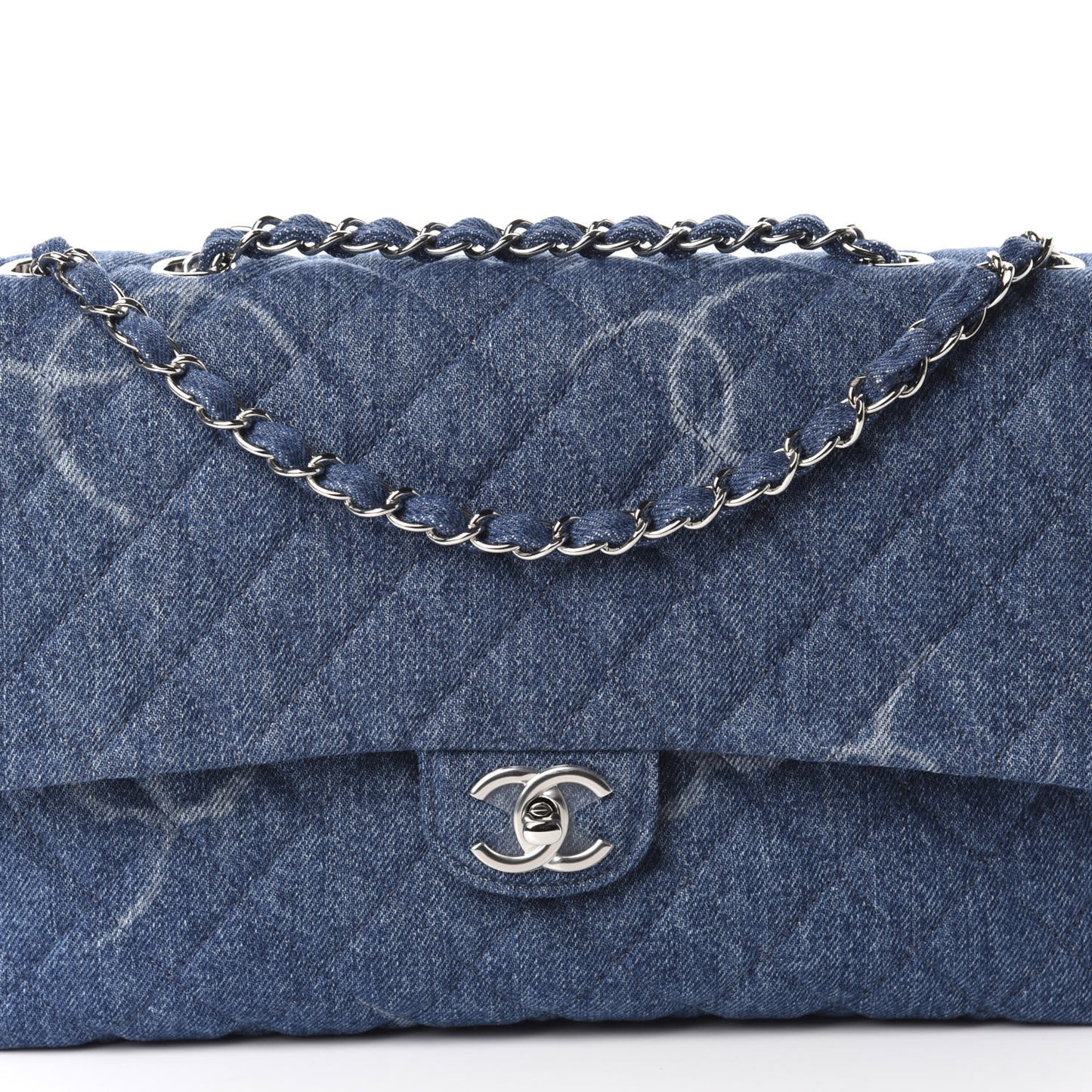 Denim Quilted CC Print Jumbo Single Flap Blue