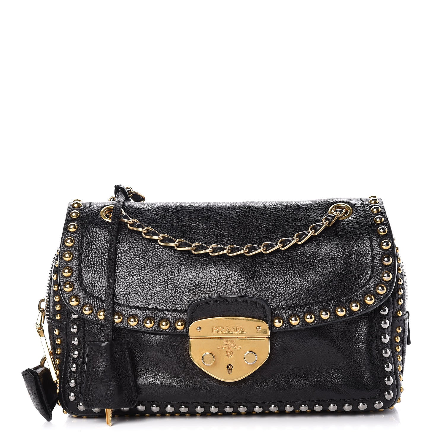 Prada Glace Calf Studded Pushlock Chain Shoulder Bag Black 1 of 11
