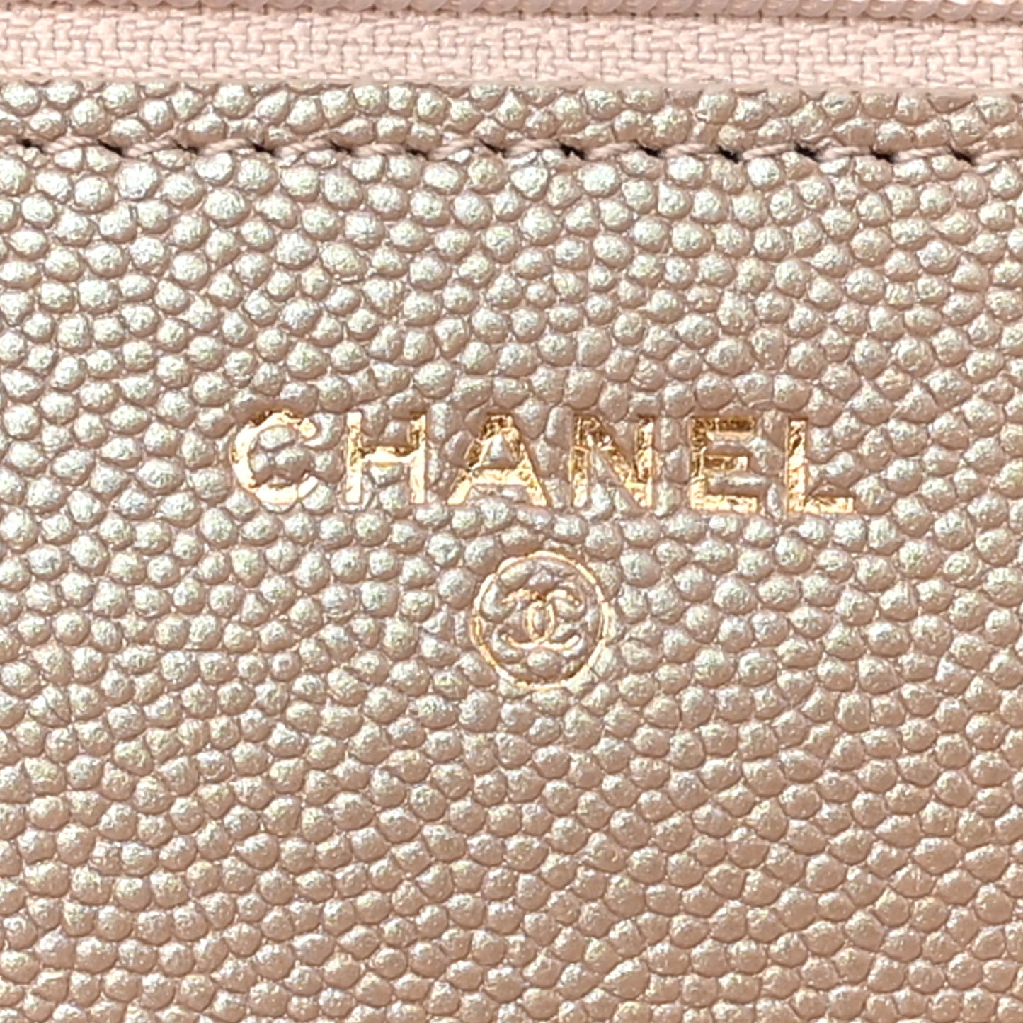 Iridescent Caviar Quilted Wallet on Chain WOC Beige
