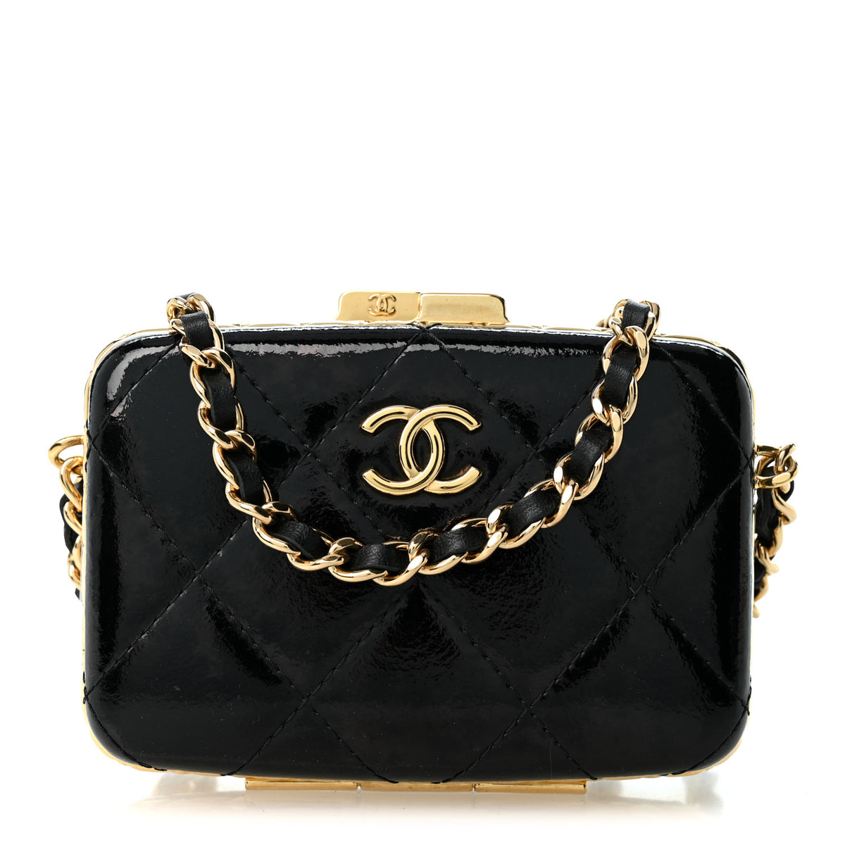 Glazed Goatskin Quilted Small Box With Chain Black