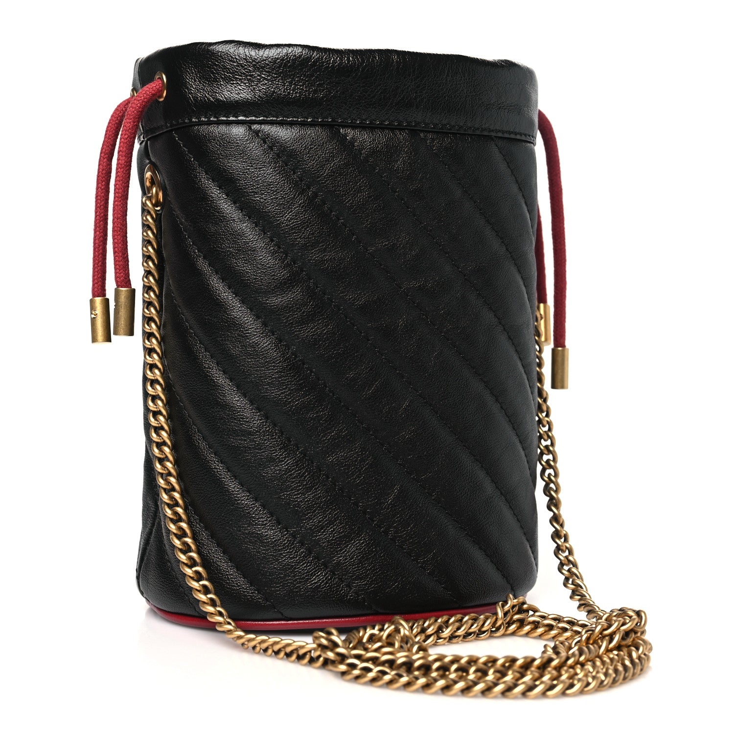 Gucci Vintage Effect Calfskin Matelasse Diagonal Mini Torchon GG Marmont 2.0 Bucket Bag Black Romantic Cherry 3 of 11