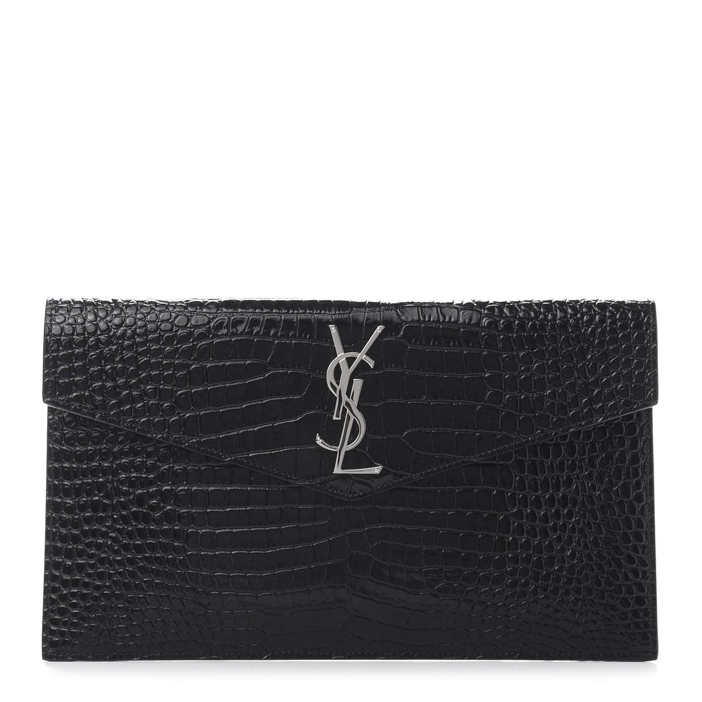 Calfskin Crocodile Embossed Uptown Monogram Clutch Black