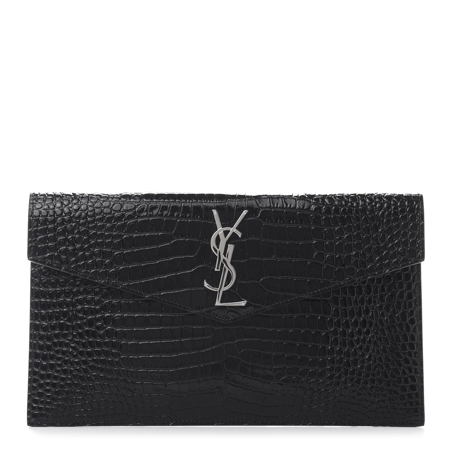 Saint Laurent Calfskin Crocodile Embossed Uptown Monogram Clutch Black 1 of 10