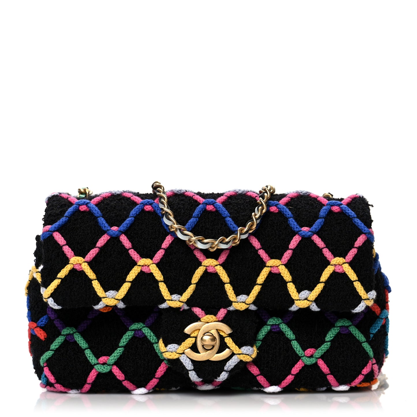 Tweed Diamond Threaded Mini Rectangular Pearl Crush Flap Black Multicolor