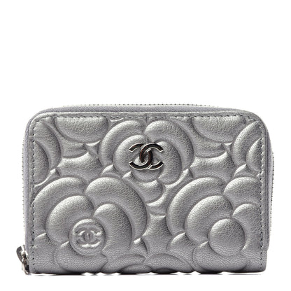 Chanel Goatskin Camellia Embossed Zip Coin Purse Silver 2 of 20