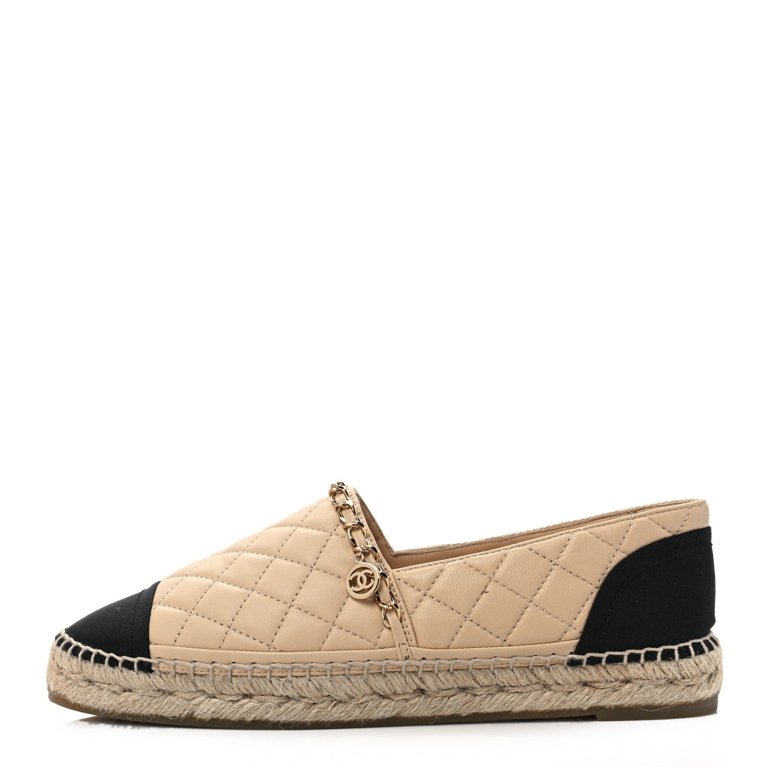 Chanel Lambskin Grosgrain Quilted CC Chain Espadrilles 40 Beige Black 1 of 8