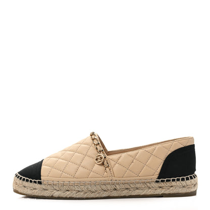 Chanel Lambskin Grosgrain Quilted CC Chain Espadrilles 40 Beige Black 1 of 8