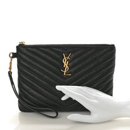 Saint Laurent Calfskin Matelasse Chevron Monogram A5 Wristlet Black 2 of 9