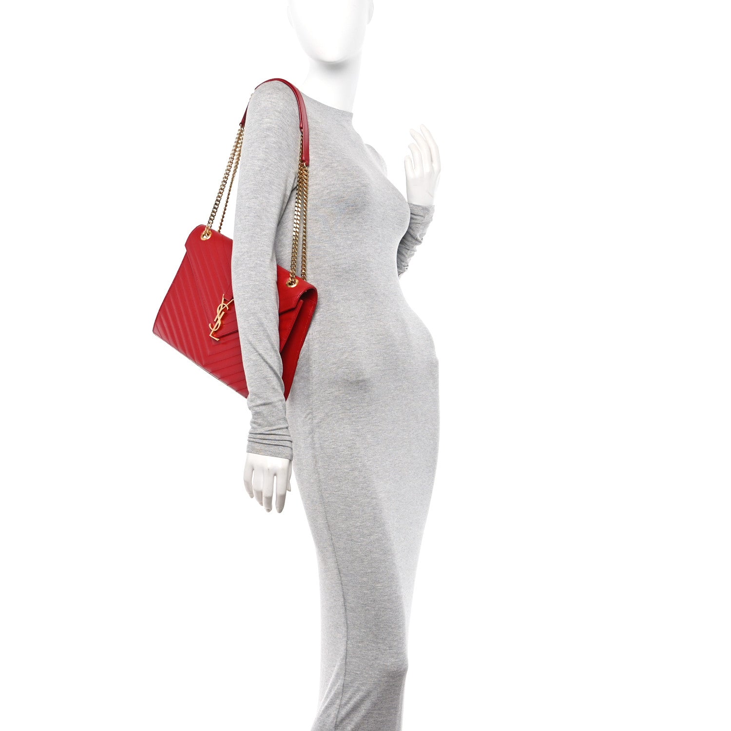 Saint Laurent Grain De Poudre Matelasse Chevron Large Monogram Satchel Lipstick Red 2 of 10