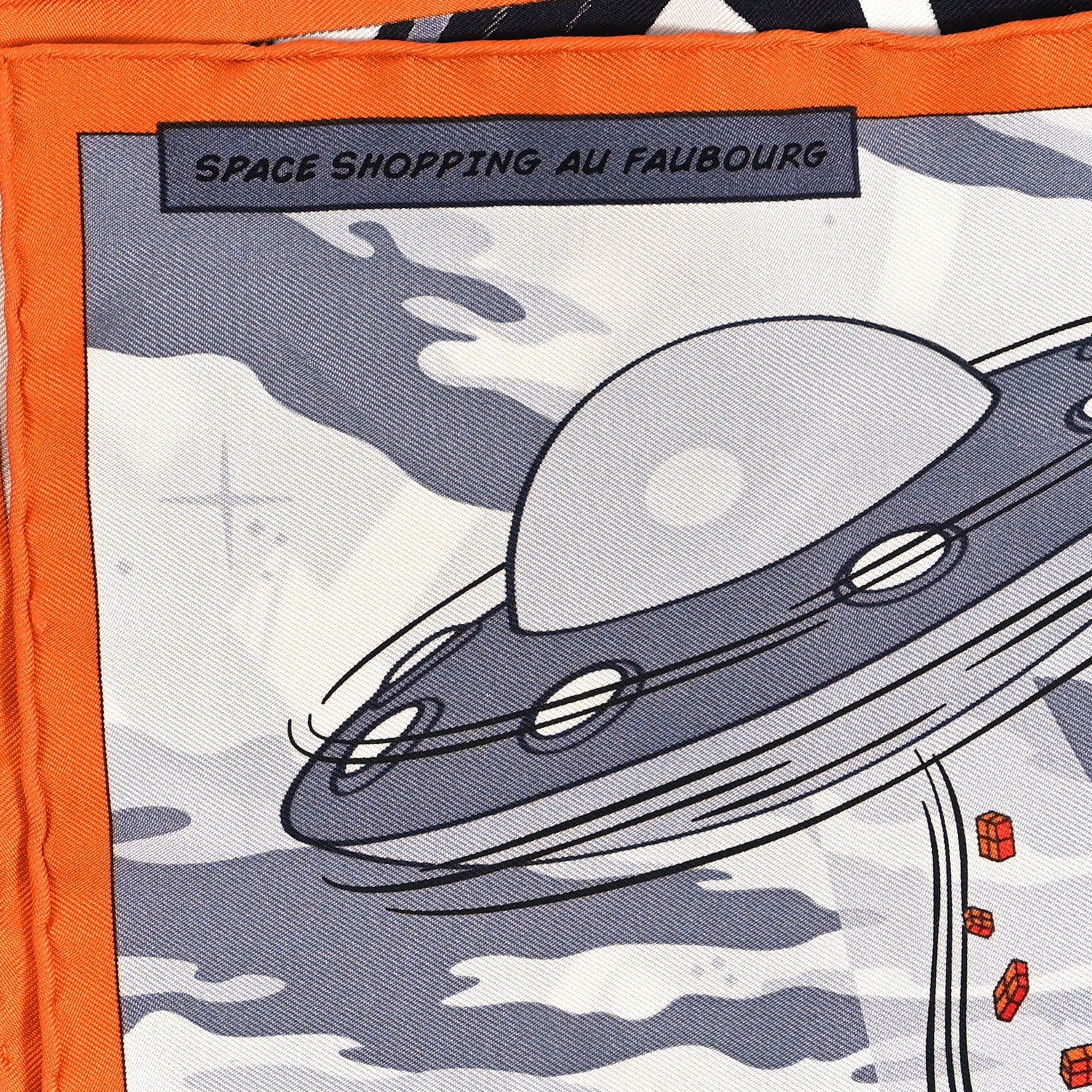 Hermes Silk Space Shopping Au Faubourg Pocket Square Gris Black Orange 5 of 6
