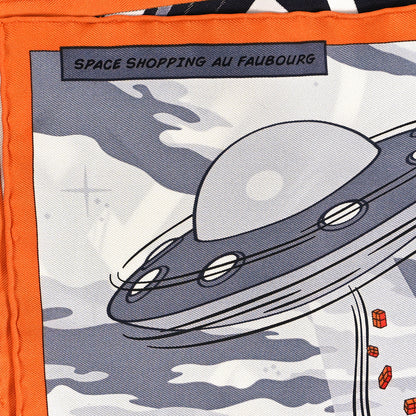 Hermes Silk Space Shopping Au Faubourg Pocket Square Gris Black Orange 5 of 6