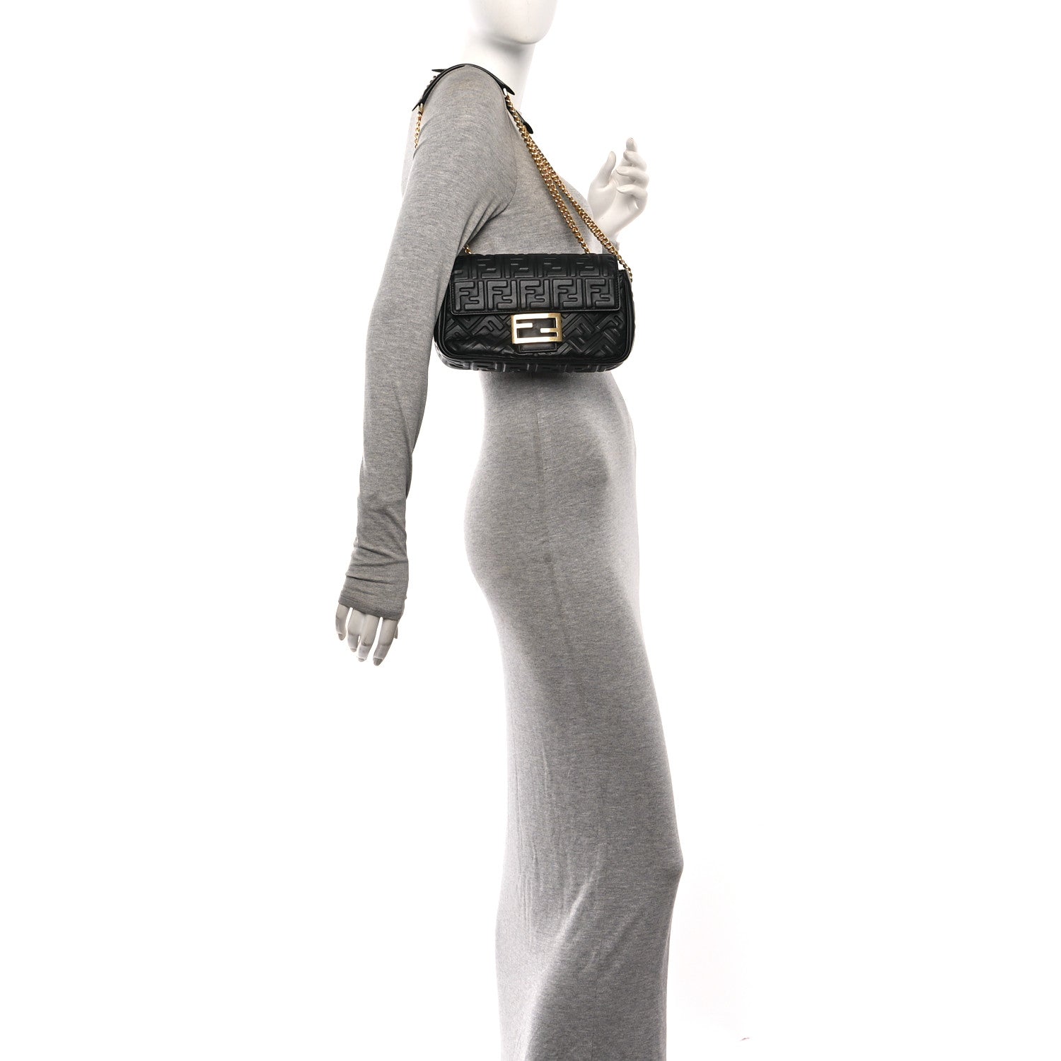 Fendi Nappa Small FF Embossed Midi Chain Baguette Black 2 of 10