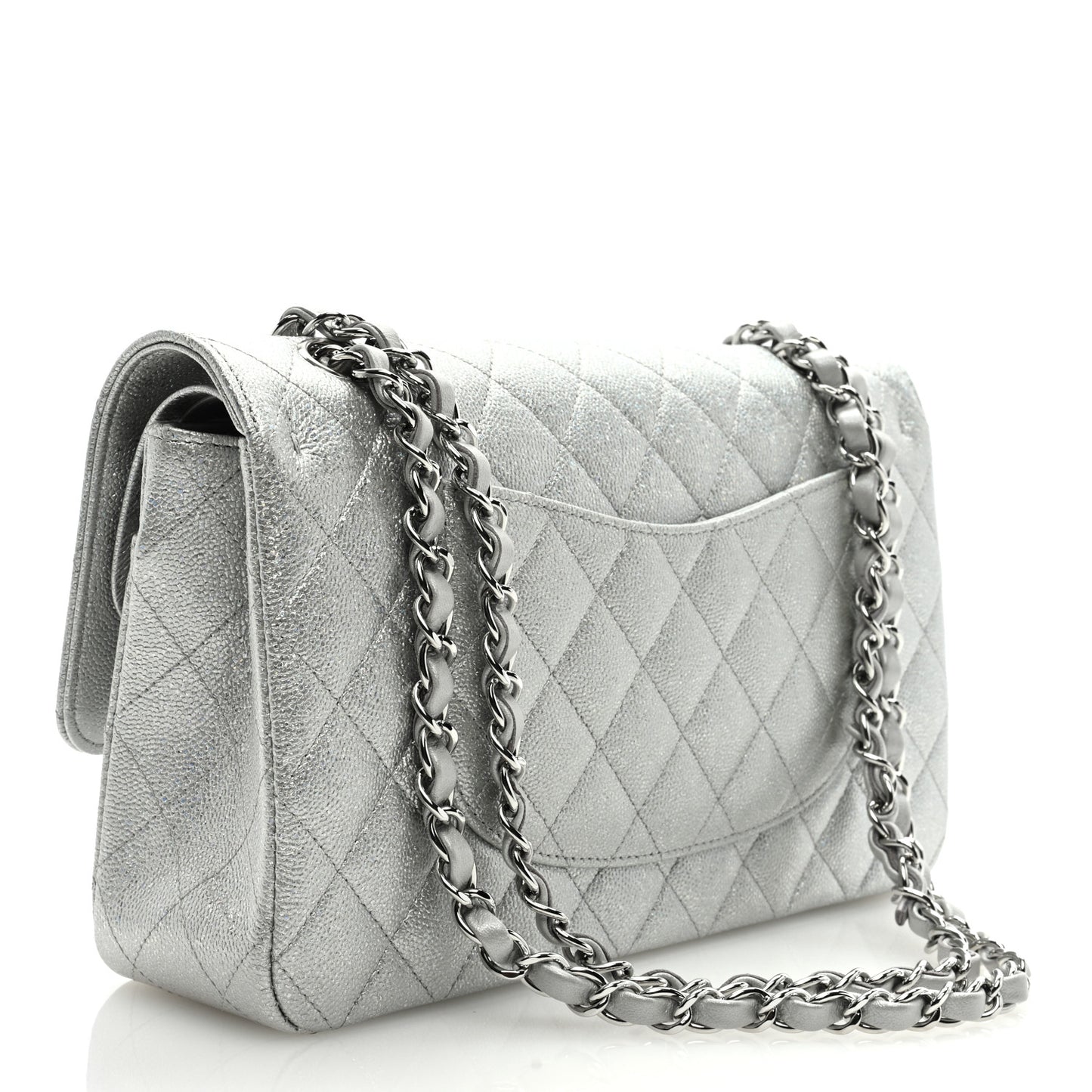 Glittered Metallic Caviar Quilted Medium Double Flap Silver