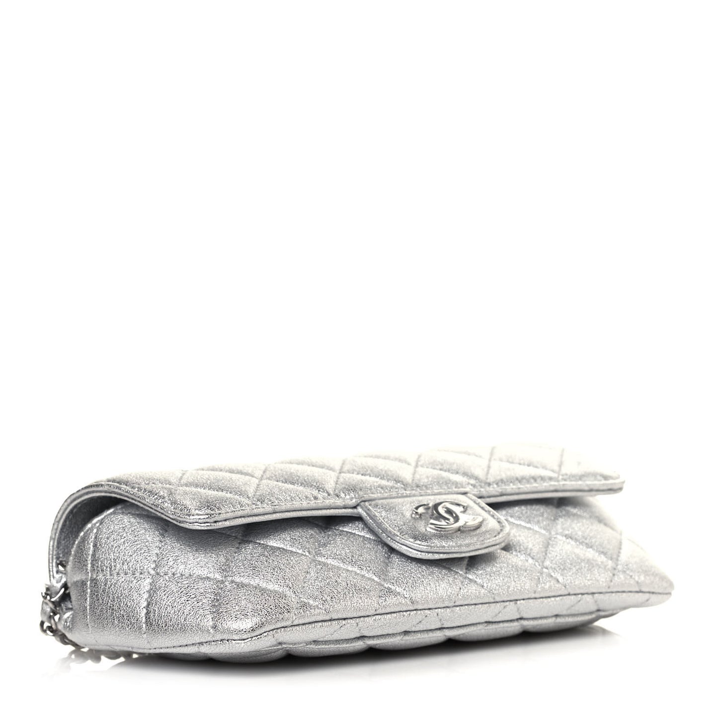 Metallic Lambskin Quilted Glasses Case With Chain Silver