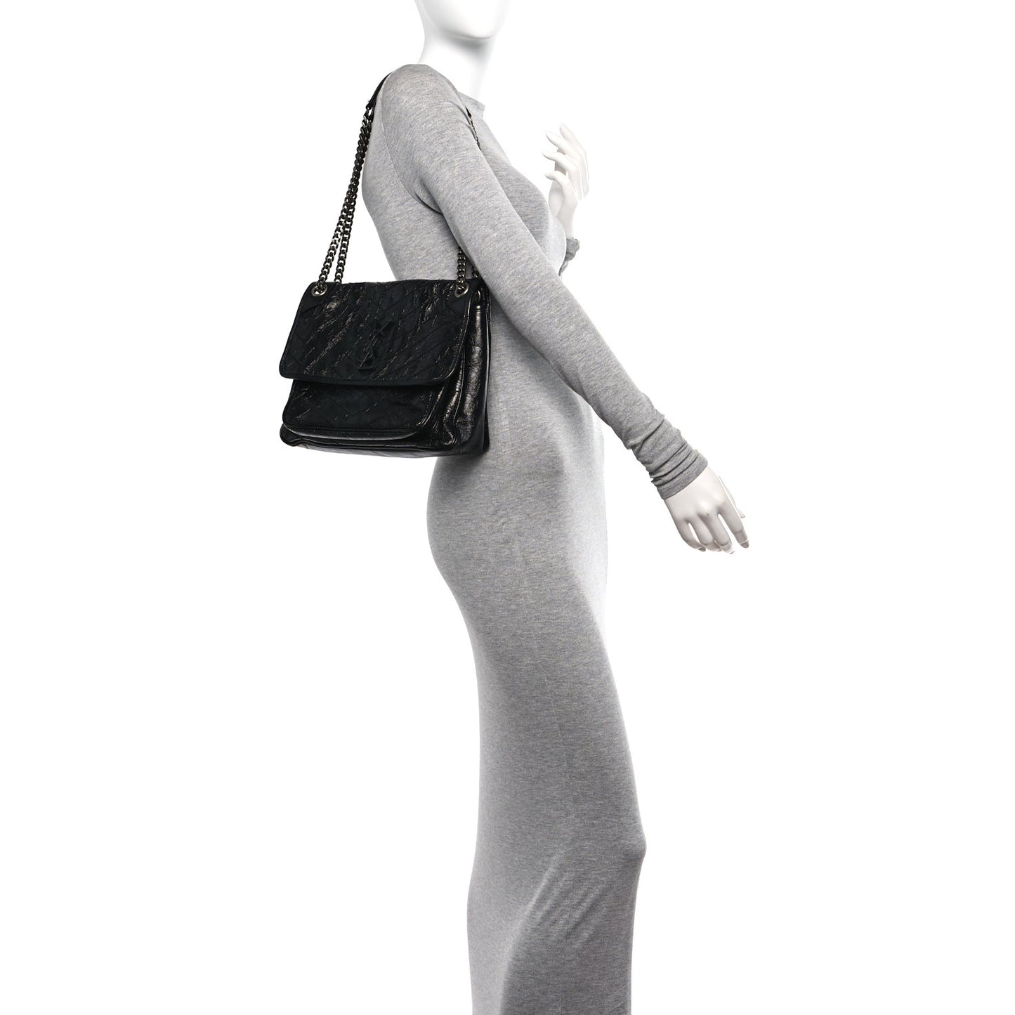 Crinkled Calfskin Matelasse Monogram Medium Niki Chain Satchel Black