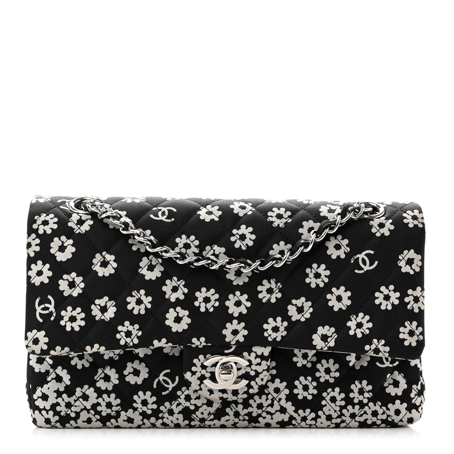 Chanel Canvas Floral Printed Quilted Medium Double Flap Black White 1 of 8