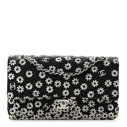Chanel Canvas Floral Printed Quilted Medium Double Flap Black White 1 of 8
