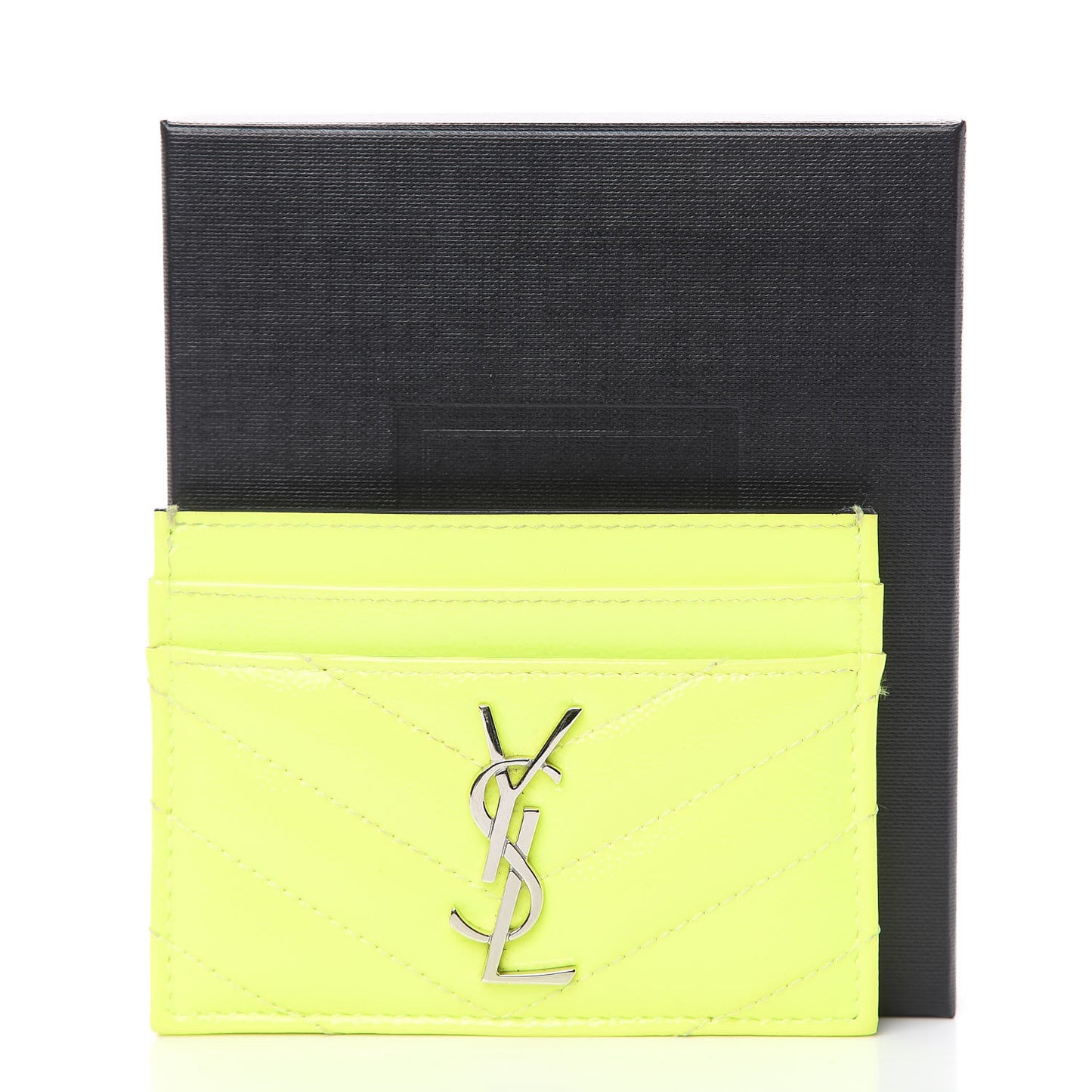 Patent Grain De Poudre Matelasse Chevron Monogram Credit Card Case Neon Yellow