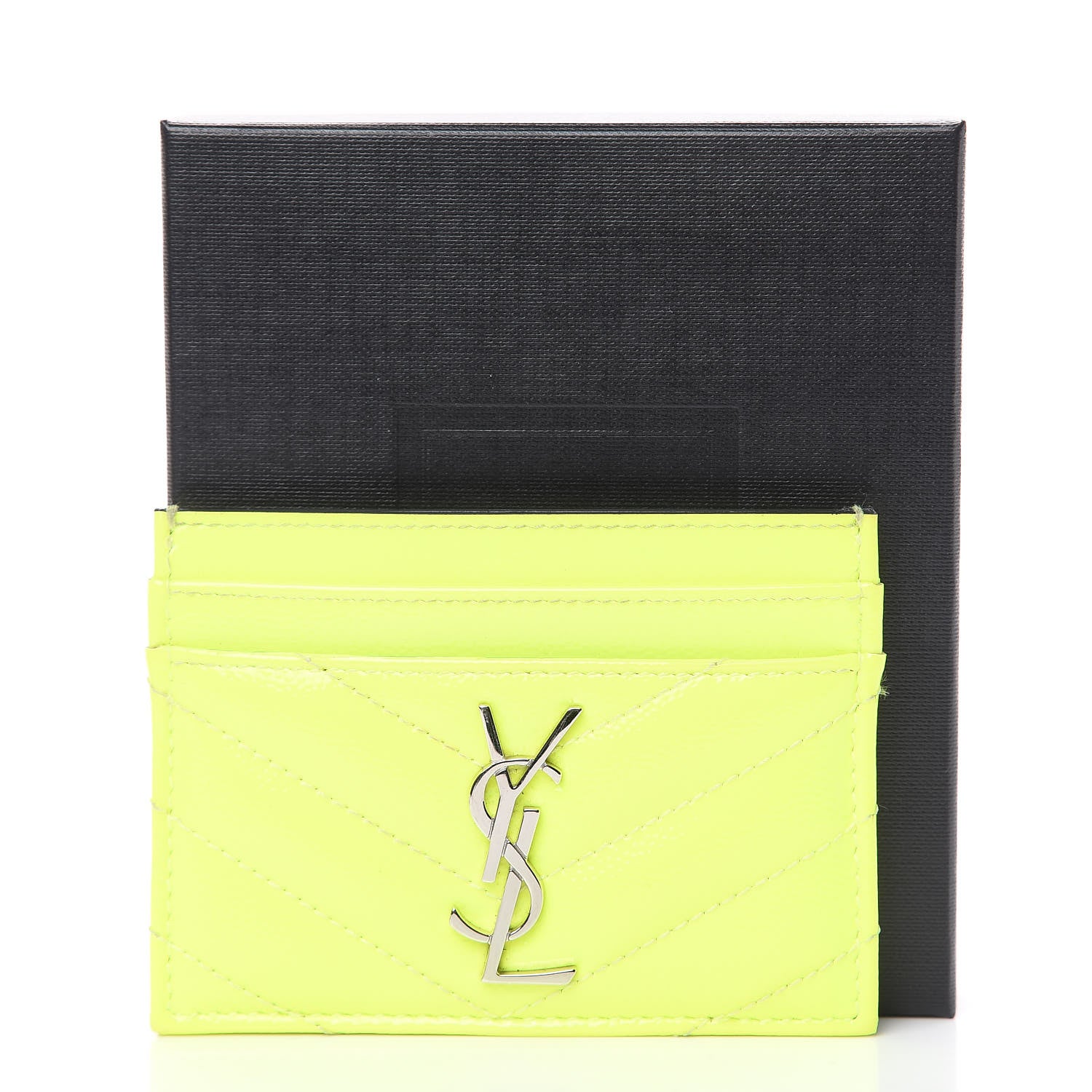 Saint Laurent Patent Grain De Poudre Matelasse Chevron Monogram Credit Card Case Neon Yellow 7 of 7