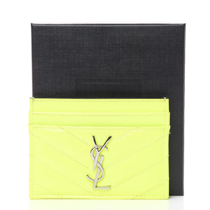 Saint Laurent Patent Grain De Poudre Matelasse Chevron Monogram Credit Card Case Neon Yellow 7 of 7