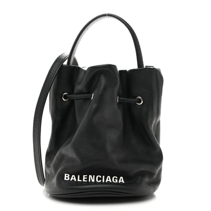 Balenciaga Smooth Calfskin Logo XS Everyday Drawstring Bucket Bag Black 1 of 10