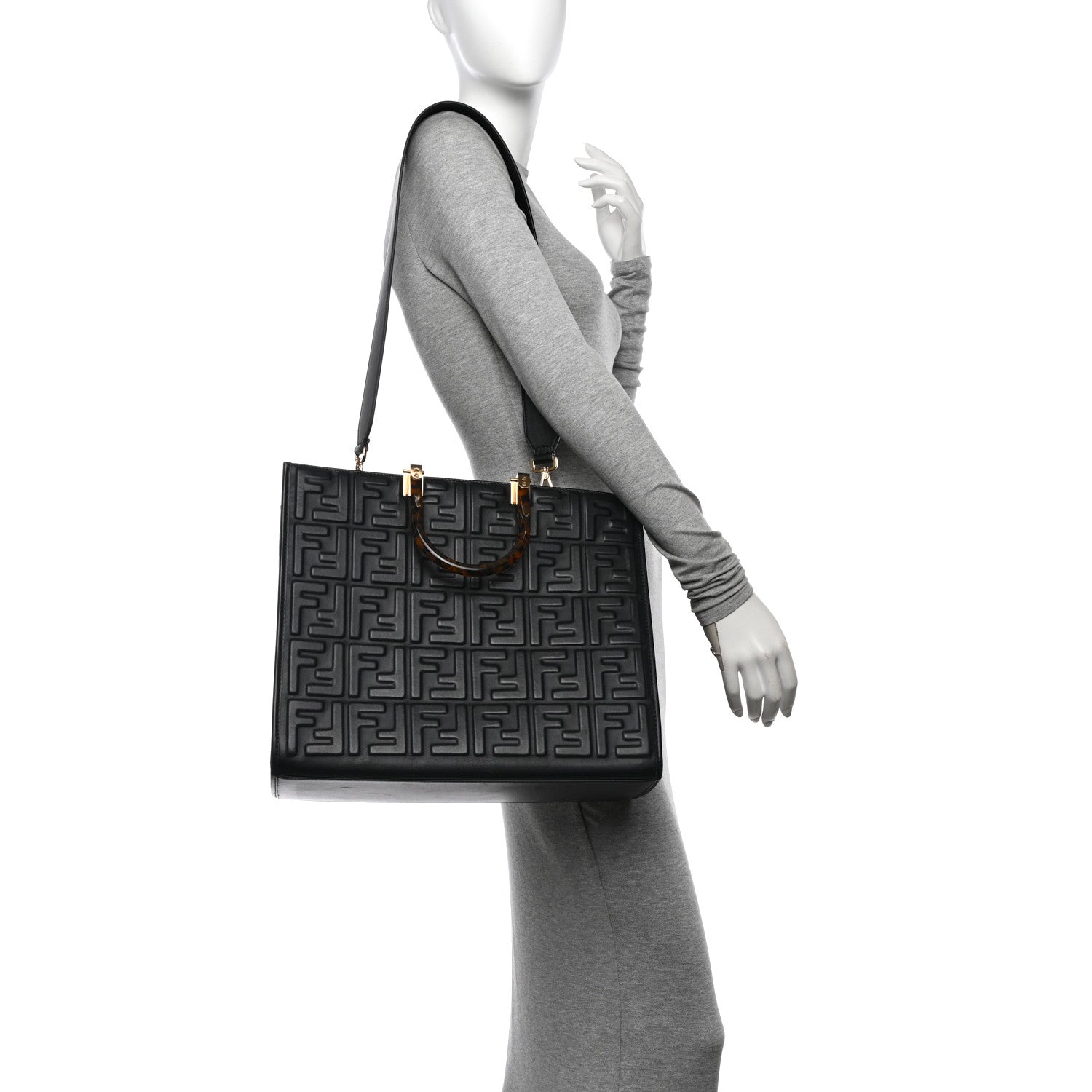 Fendi Vitello Plexiglass FF Embossed Medium Fendi Sunshine Shopper Tote Black 2 of 10