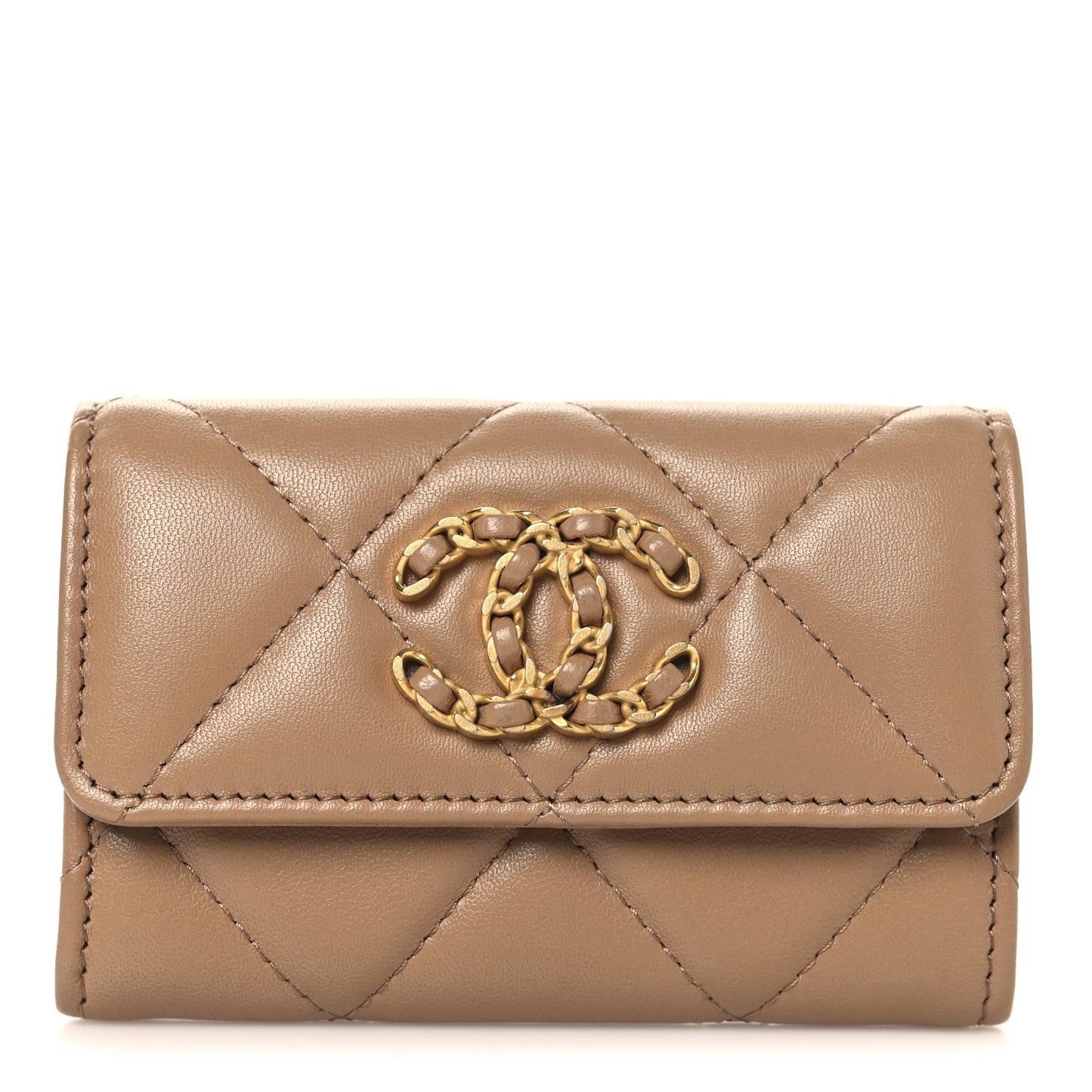 Lambskin Quilted Chanel 19 Flap Card Holder Brown Brown