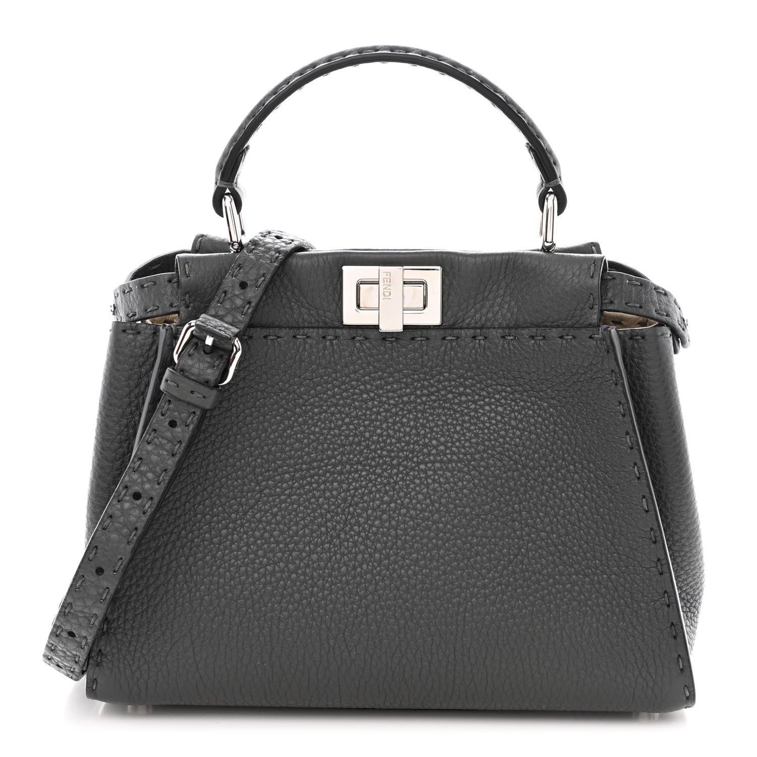 Fendi Cuoio Romano Selleria Bi-Color Mini Peekaboo Iconic Satchel Asfalto Latte 1 of 11