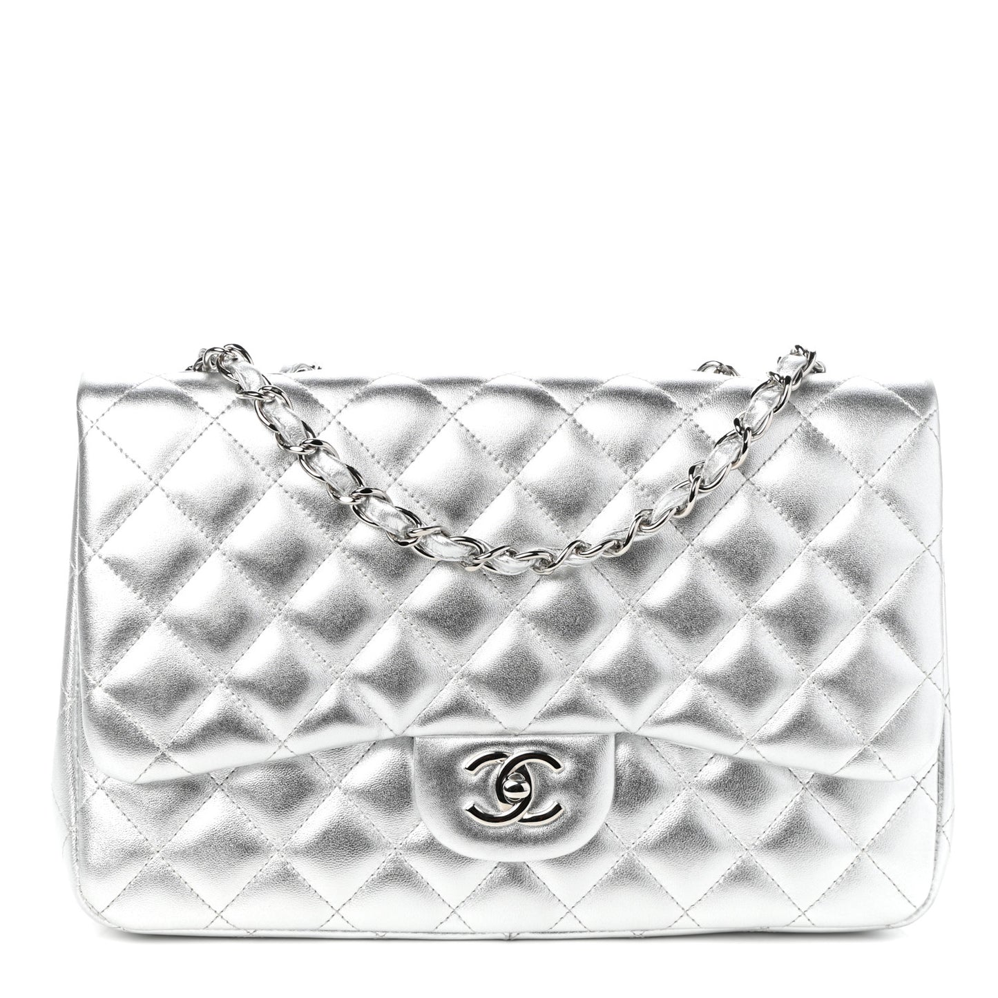 Metallic Lambskin Quilted Jumbo Single Flap Silver