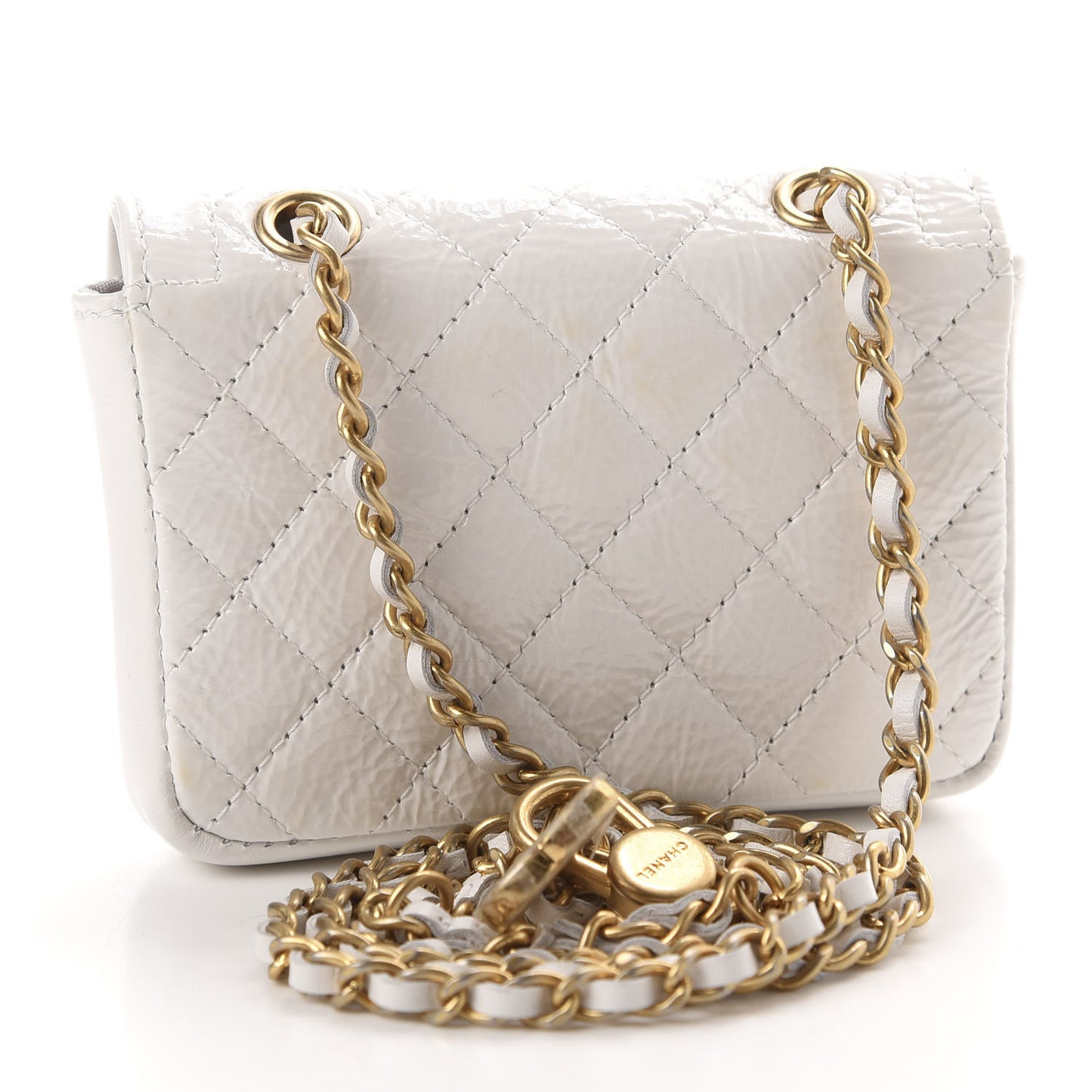 Shiny Aged Calfskin Quilted Waist Belt Bag White