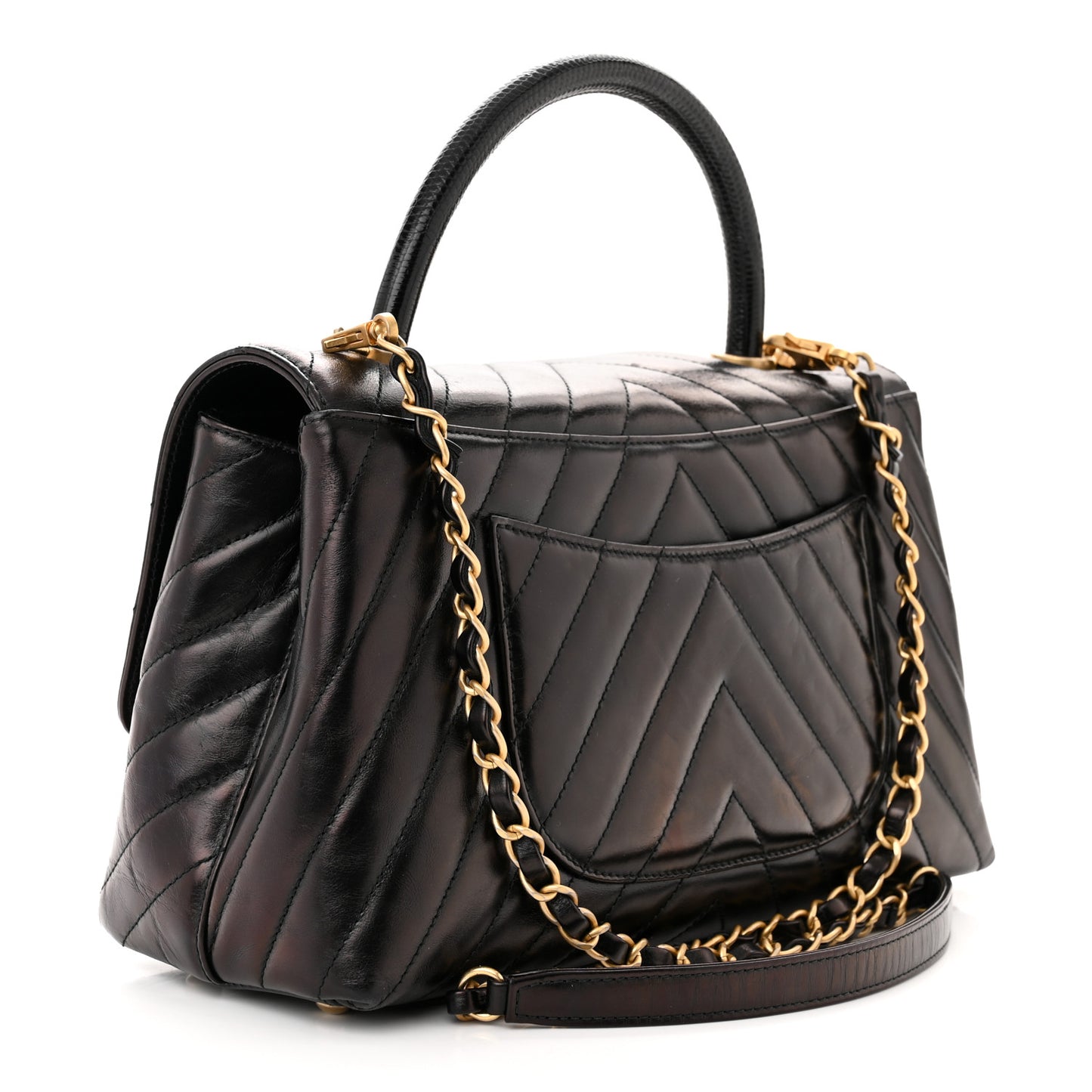 Glazed Calfskin Lizard Chevron Quilted Small Coco Handle Flap Black