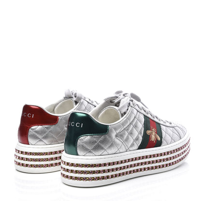 Gucci Laminated Nappa Crystal Web Bee Embroidered Trapuntata Womens Ace Platform Sneakers 36 Argento 6 of 10