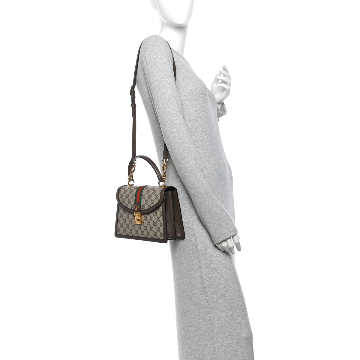 Gucci GG Supreme Monogram Textured Dollar Calfskin Web Small Ophidia Padlock Top Handle Bag Beige Ebony New Acero 2 of 10