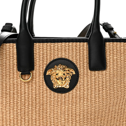 Versace Raffia Calfskin La Medusa Small Tote Bag Beige 8 of 14