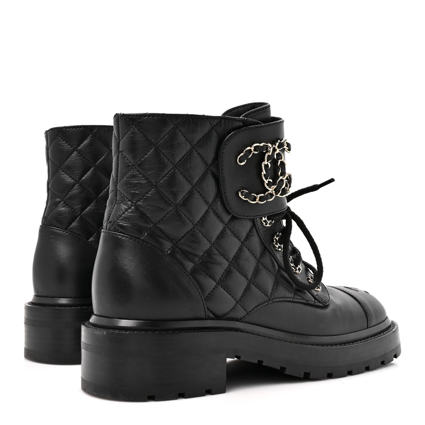 Shiny Goatskin Calfskin Quilted Lace Up Combat Boots 35.5 Black