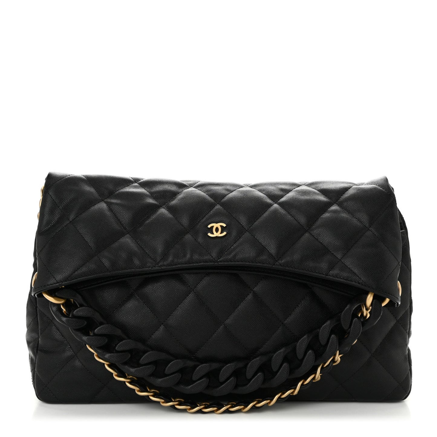 Caviar Quilted Fold Over Hobo Black