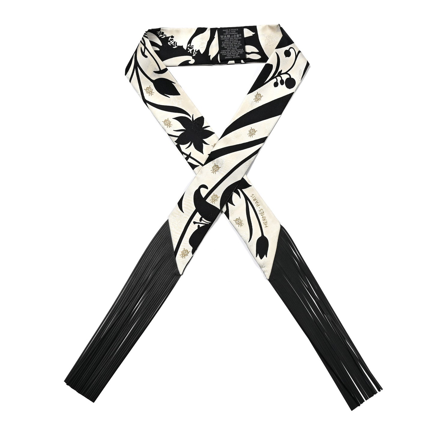 Silk Calfskin Bouquet Final Fringed Twilly Creme Black
