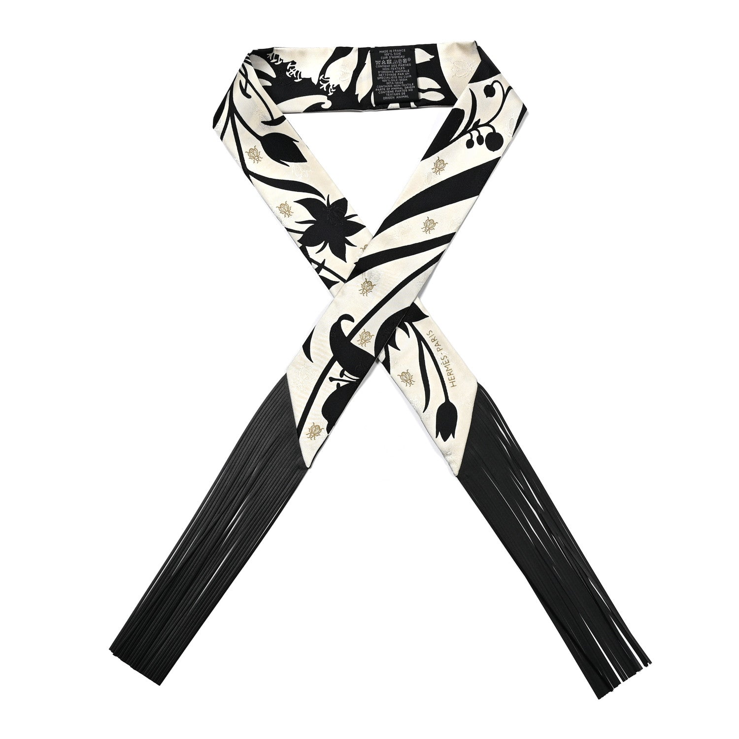 Hermes Silk Calfskin Bouquet Final Fringed Twilly Creme Black 1 of 4