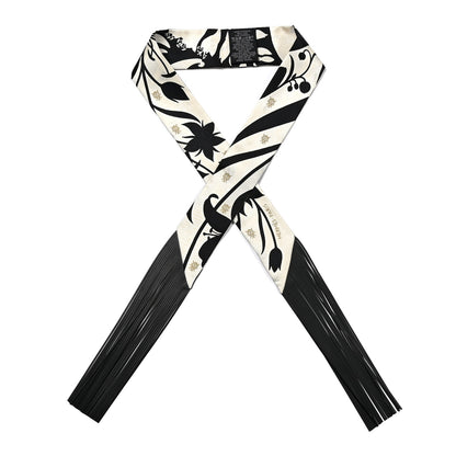Hermes Silk Calfskin Bouquet Final Fringed Twilly Creme Black 1 of 4