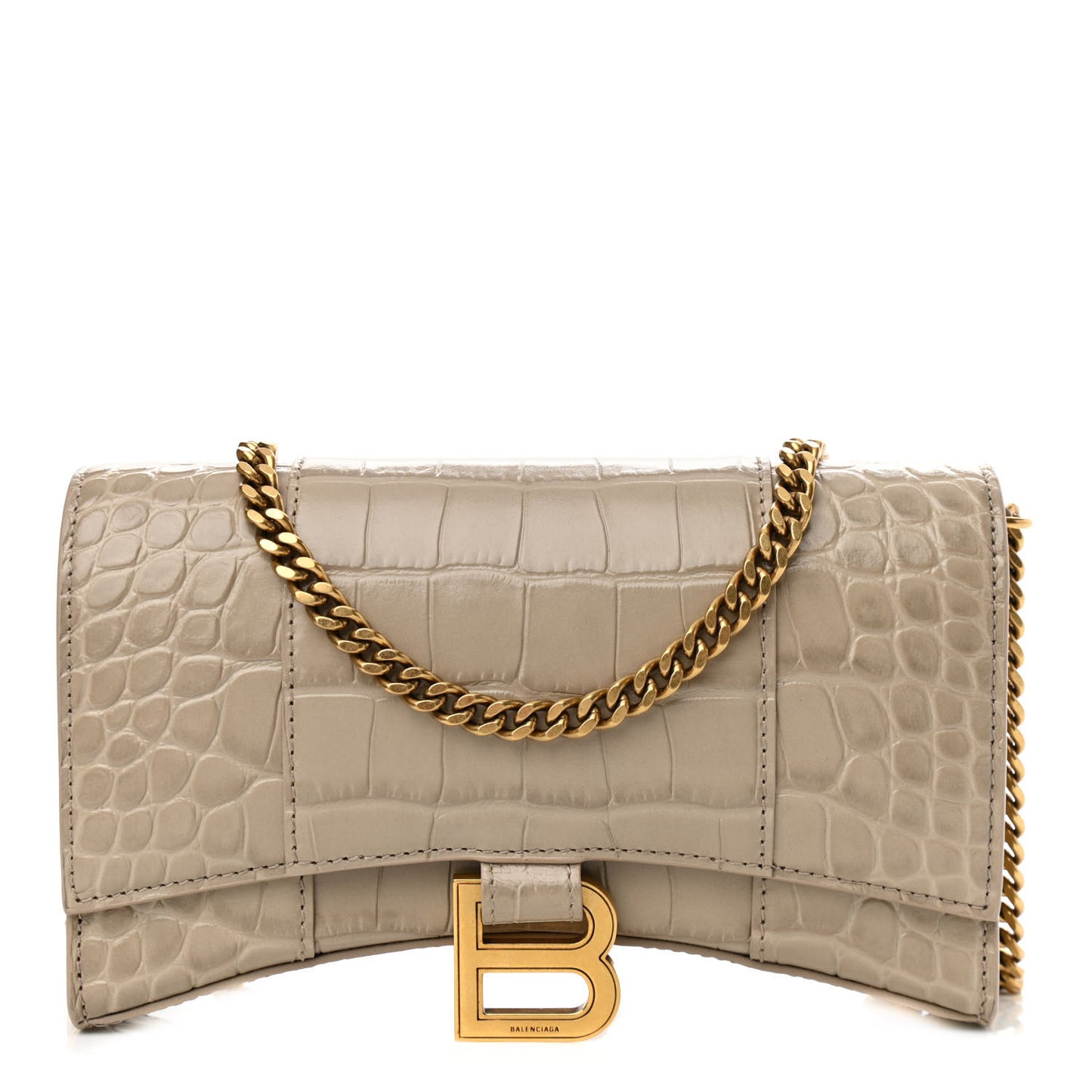 Shiny Calfskin Crocodile Embossed Hourglass Chain Bag Taupe