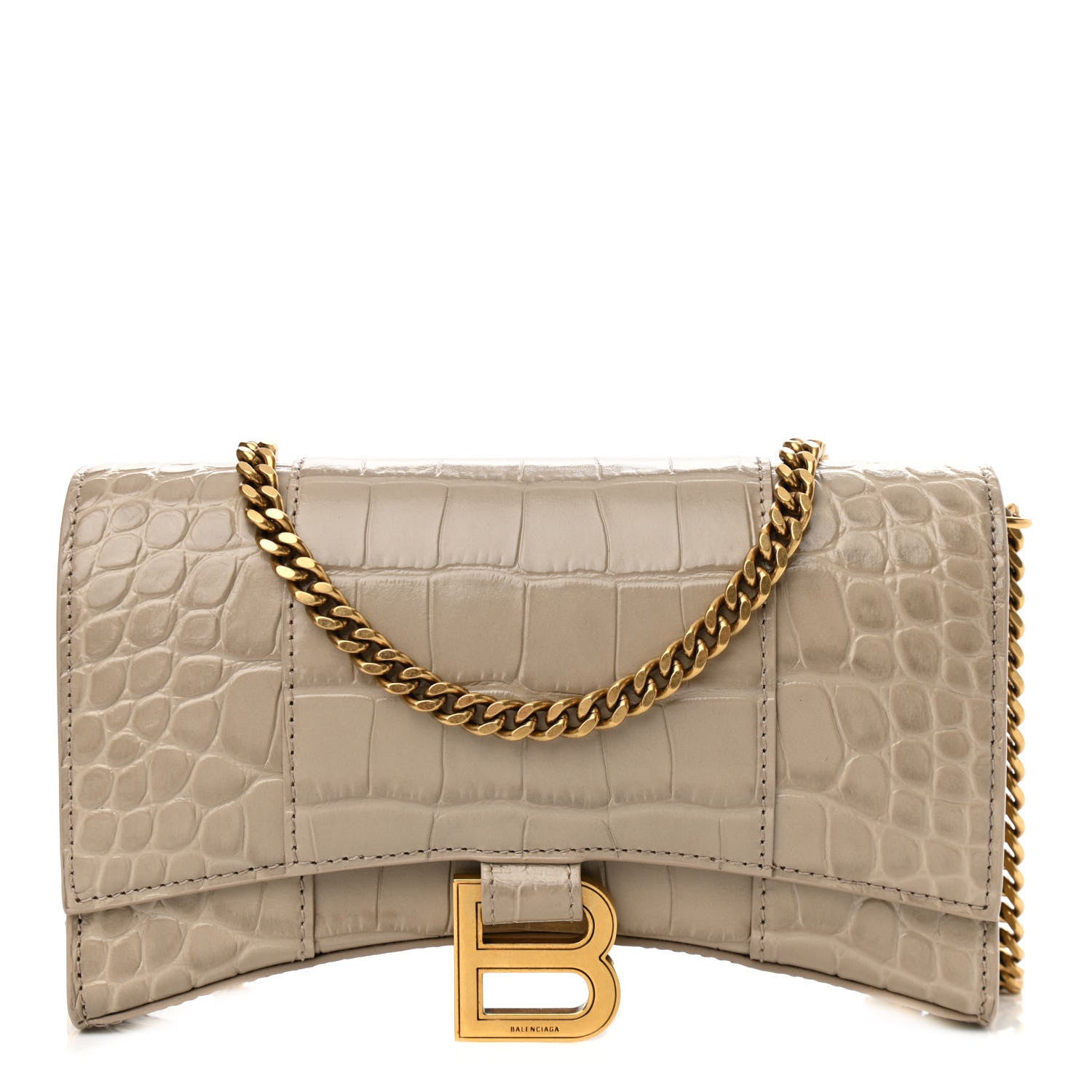 Balenciaga Shiny Calfskin Crocodile Embossed Hourglass Chain Bag Taupe 1 of 10