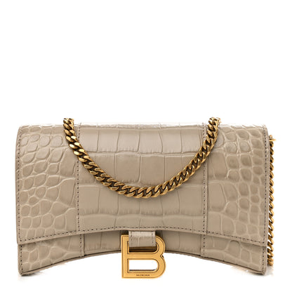 Balenciaga Shiny Calfskin Crocodile Embossed Hourglass Chain Bag Taupe 1 of 10