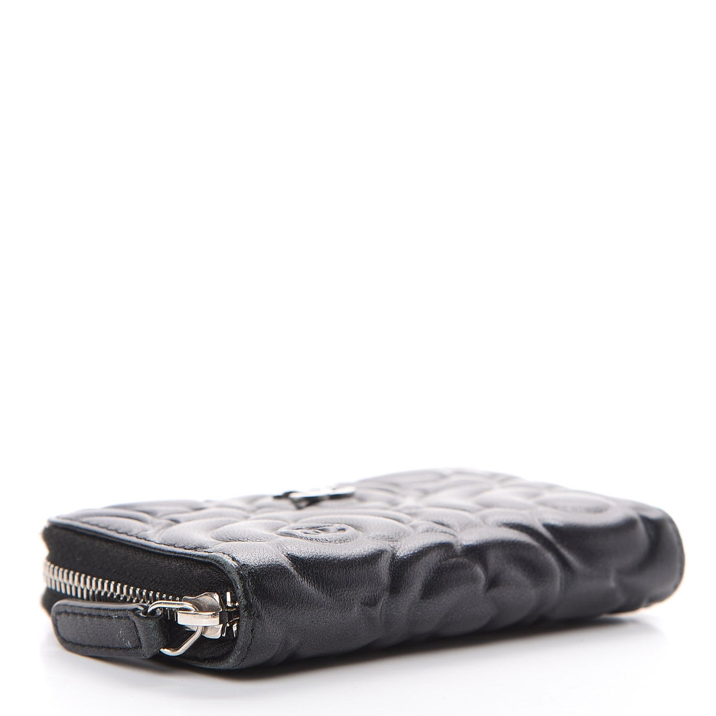Goatskin Camellia Embossed Zip Coin Purse Black