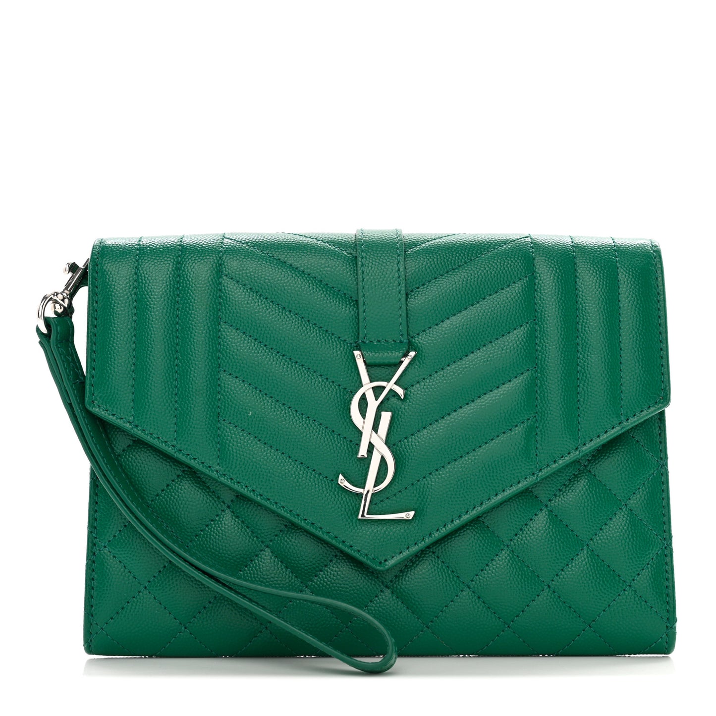 SAINT LAURENT Grain De Poudre Textured Mixed Matelasse Triquilt Monogram Clutch Green Field